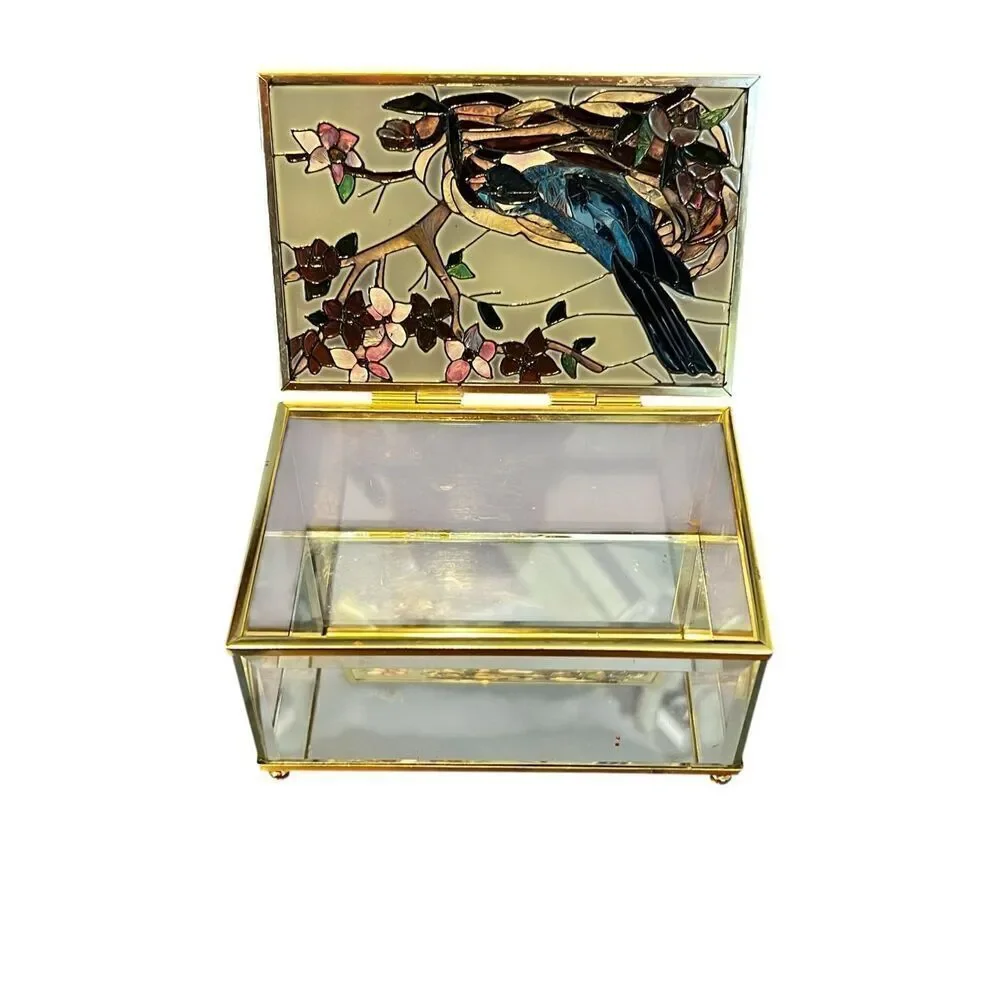 Joan Baker Designs vintage Stain Glass blue jay Hand Painted Trinket Box jewelry